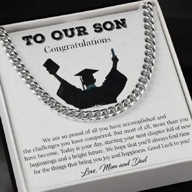 Happy Graduation Gifts for Son from Parent, Cuban Chain Necklace for Son Graduation, Graduation Bracelet Message High School Guy, Graduation Gift from Dad and Mom