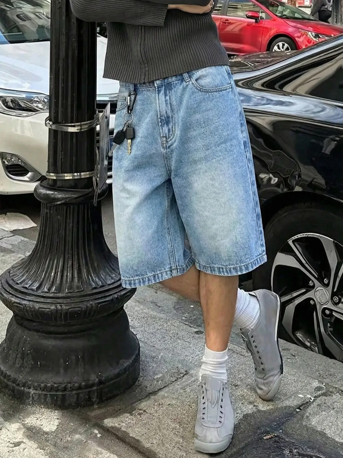 Men's Casual Loose Fit Wide Leg Denim Shorts, All Seasons Street Style, Streetwear, Pure Color Pocket Design, Versatile Straight Leg Jeans