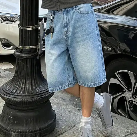 Men's Casual Non Stretch Aesthetic Loose Fit Baggy Wide Leg Denim Shorts Daily Shorts, All Seasons Street Style Streetwear, Pure Color Pocket Design, Versatile Straight Leg Jeans