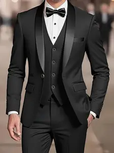 Elegant Men's 3pcs Suit- Slim Fit Tuxedo Set for Weddings& Formal Occasions, Black Suit with White Shirt& Pants, Perfect for Office Meetings and Elegant Events, Formal Attire | Slim Fit Suit | Durable Wedding Wea, Business Attire Clothes