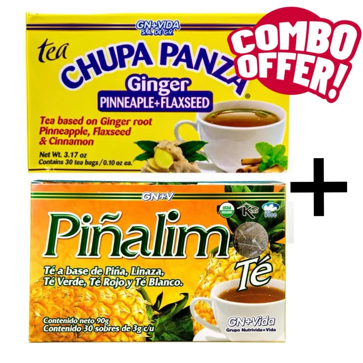 Chupa Panza Tea + Pinalim Tea Combo Pack Famous Mexican Flaxseed Herbal Tea Ginger & Pineapple, Green, White, Cinnamon, Beverage