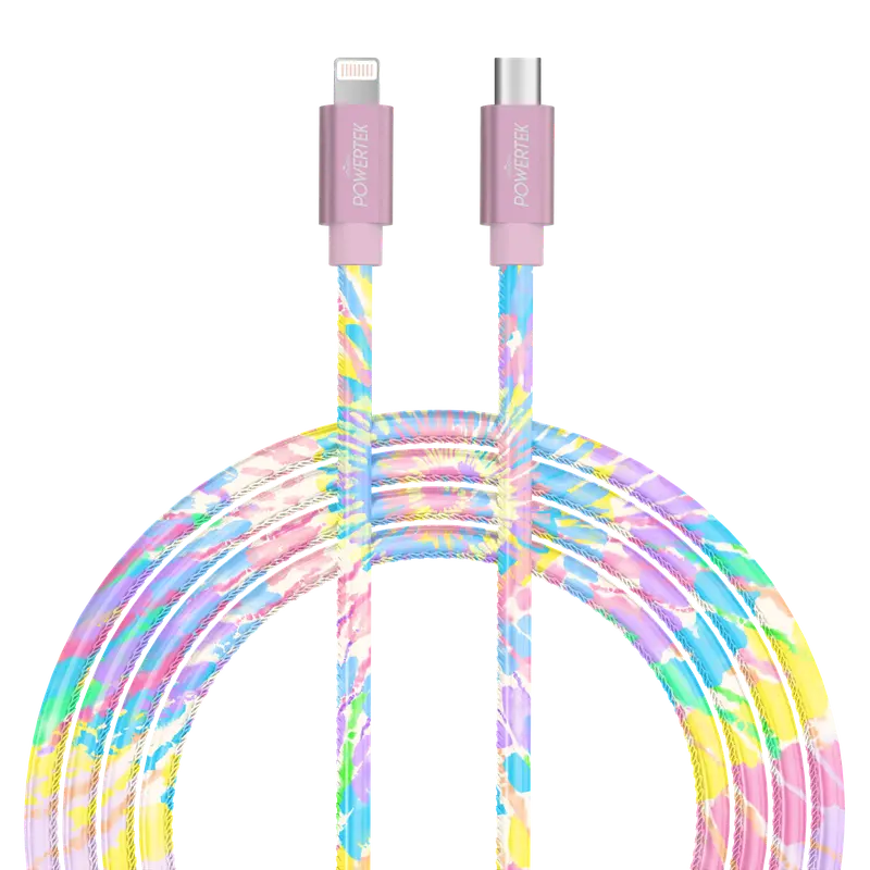 Powertek Tie Dye USB C to Lightning Cable 6 ft for iPhone 14 13 12 11 and iPad, MFi Certified Charging Cord, Rainbow