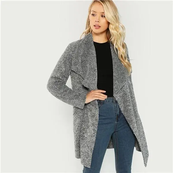 Grey Office Lady Elegant Waterfall Collar Solid Knee Length Teddy Coat.