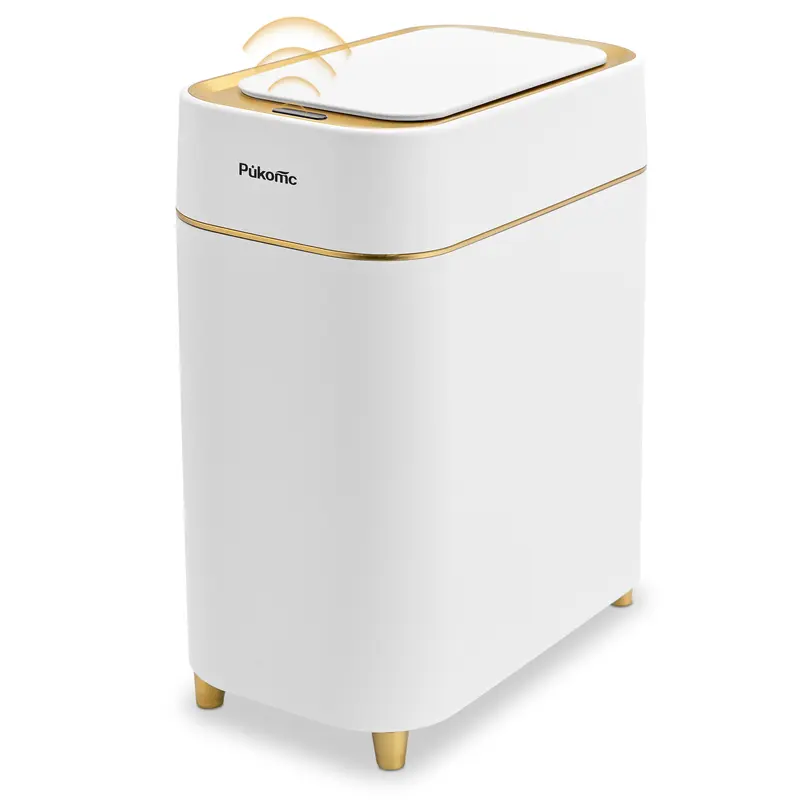 Pukomc Automatic Dustbin - Motion Sensor Auto Open Waste & Recycling, Knee-Easy Clean, Hands-Free Wave Open, Quick Silent Operation, Fast-Removable Liner, Battery-Powered White Kitchen Garbage Can for Home Use