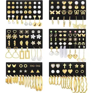 84 Pairs Gold Stud Earrings Set for Women Multipack, Fashion Pearl Zirconia Butterfly Earrings Packs Piercings, Hypoallergenic Stud Hoops Earrings for Gift