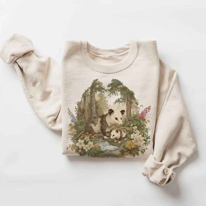 Vintage (Phuhi) Possum & Baby Wildflower Forest Sweatshirt - 90s Cute Opossums Woodland Creatures Outfit - Boho Unisex Adult and Youth T-shirt
