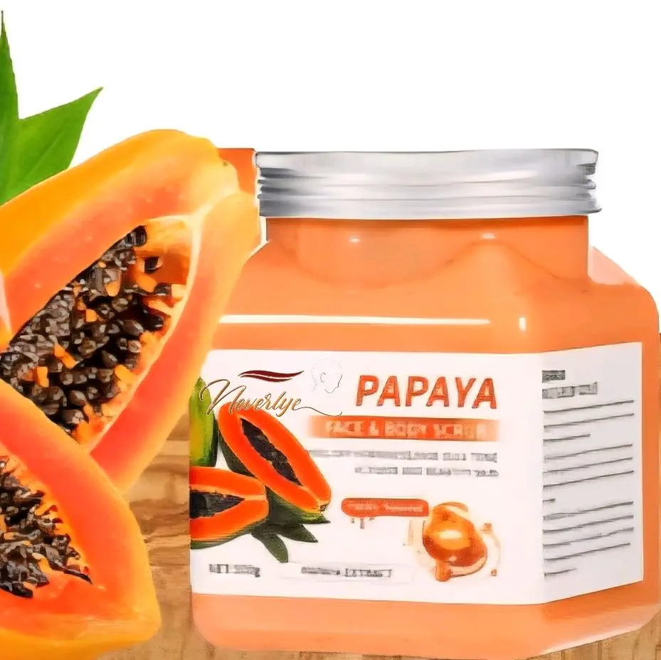 Neverlye Papaya Sugar Scrub. It's 500ml which is 16.oz, made with real fruits and natural ingridients. Exfoliate remove unwanted dead skin, restore and soften skin.