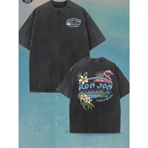 230g Heavyweight Vintage Washed Cotton T-Shirt - Tropical Flamingo & Surfboard Graphic Print, Dual-Sided Beach Carnival Design, Loose Fit Crew Neck Short Sleeve for Men & Women, Summer Surfing, Parties, Beachwear (Machine Washable)