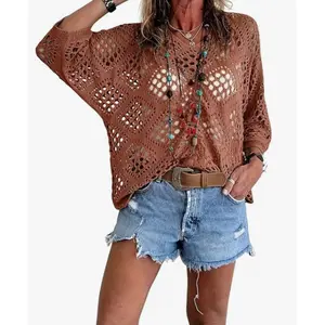 Women's Bohemian-Inspired Beige Crochet Top with V-Neck# Springtok Casual Chic, V-neck Diamond Pattern Hollow Bat Sleeve Women's Knit Sweater Cardigan, Women's Knitwear in a Casual Style