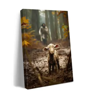 Jesus Running After Lost Lamb Christian Framed Canvas Wall Art Good Shepherd Picture Modern Religious Home Decor for Living Room Nursery Faith Gift Ready to Hang