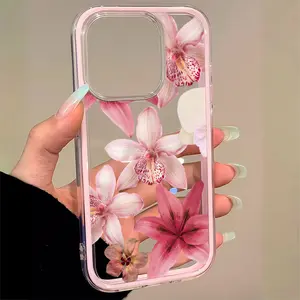 Full Screen Pink Lily Iridescent Dual Layer Transparent Soft Phone Case, Shockproof Protective Cover for iPhone 11 12 13 14 15 16 17 Pro Max 14 Plus 15 Plus 16 Plus