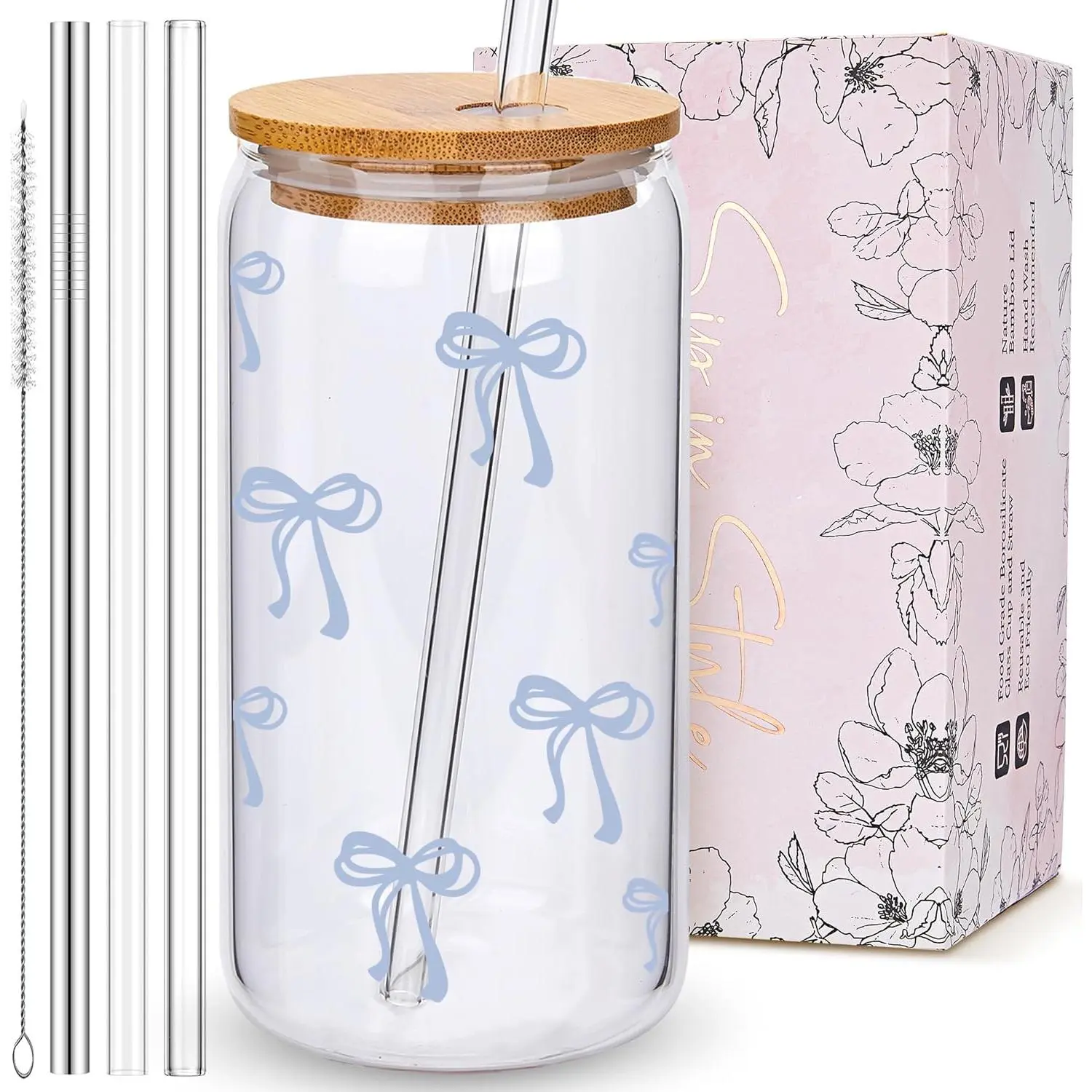 Cute Dusty Blue Bow Glass Cups with  and Straws, Aesthetic Iced Coffee Cup Girly Preppy Tumbler Mug, Christmas Valentines Birthday Gifts for Women, Teen Girl Gifts Trendy Stuff