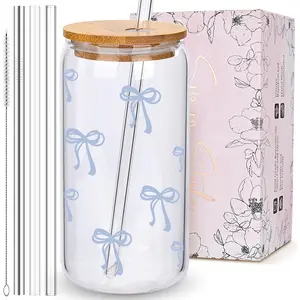 Cute Dusty Blue Bow Glass Cups with  and Straws, Aesthetic Iced Coffee Cup Girly Preppy Tumbler Mug, Christmas Valentines Birthday Gifts for Women, Teen Girl Gifts Trendy Stuff