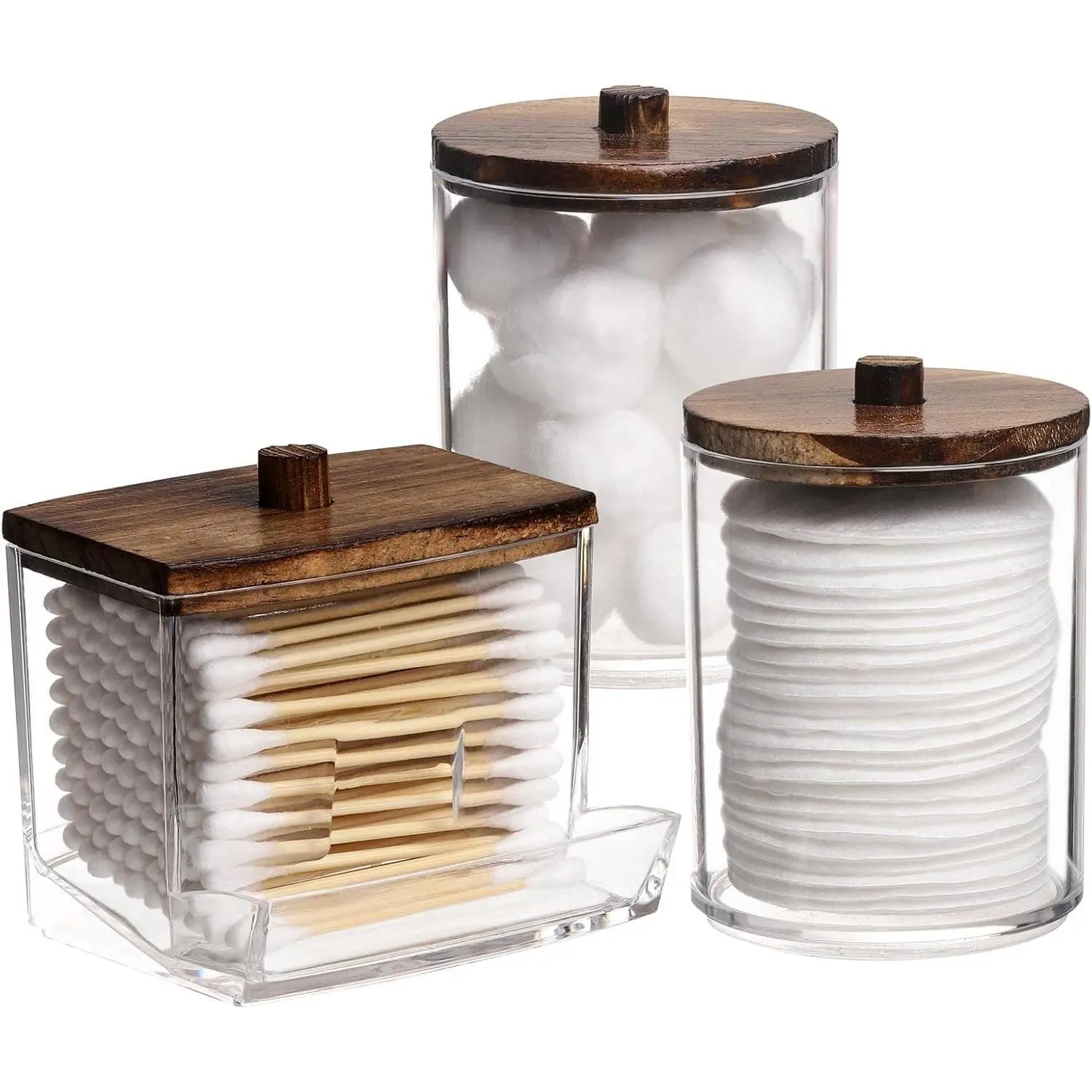 Holder Bathroom Container, 10/7 OZ Cotton Ball/Swabs Dispenser, Apothecary Jar Organizer for Storage Brown Wood Lids