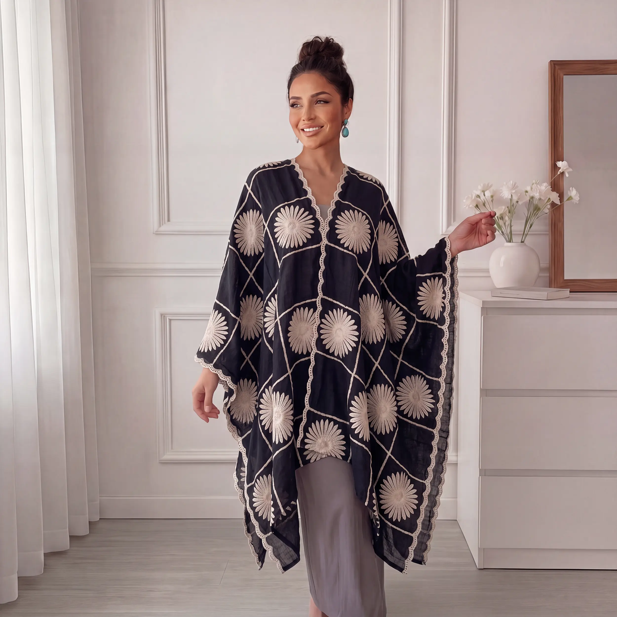 Women Large Sunflower Grid Embroidery Kimono Abaya, Scalloped Lace Edge Loose Batwing Open Cardigan, Casual Modest Cover‑Up for Islamic Ladies some Colors Option