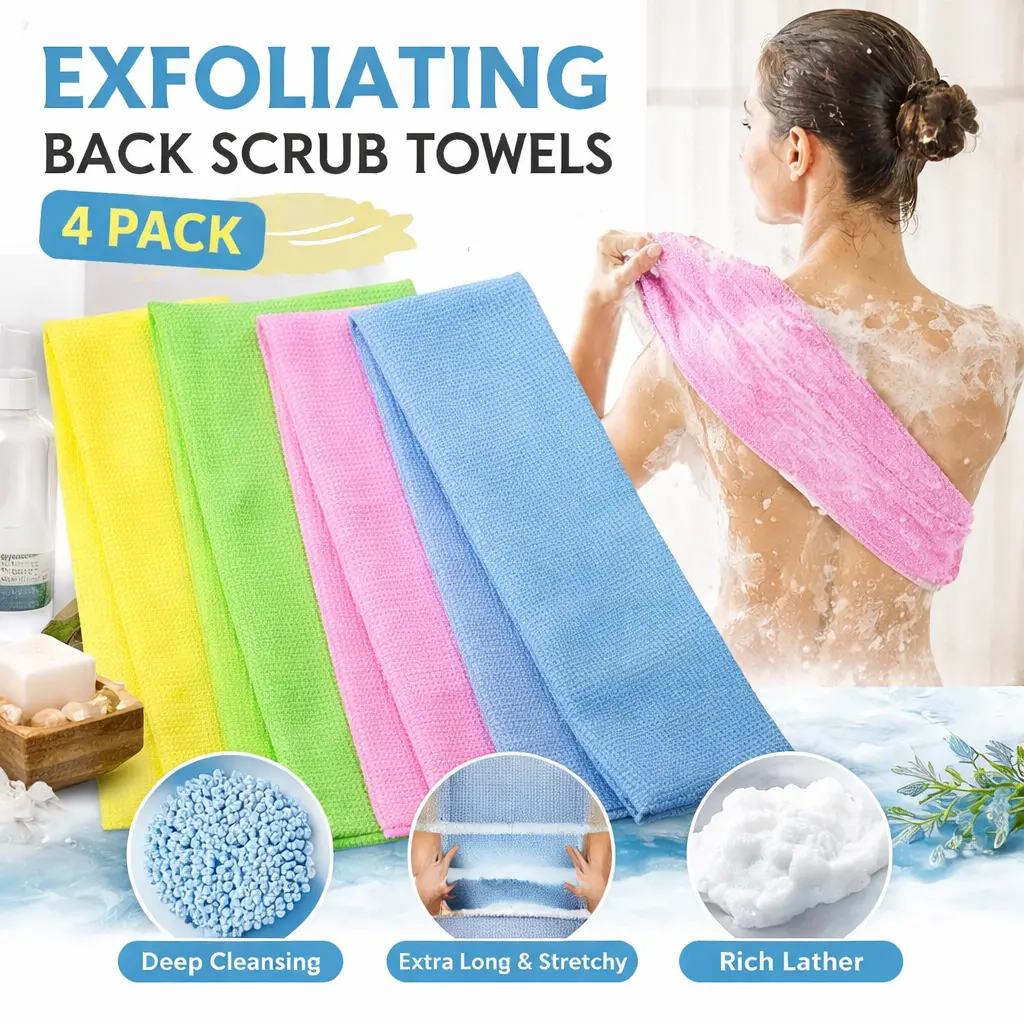 4-Pack Long Exfoliating Washcloth – African Net Sponge & Japanese Body Scrubber for Shower, Deep-Cleansing Back Scrub Towel, Exfoliating Bath Cloth for Smooth, Radiant Skin