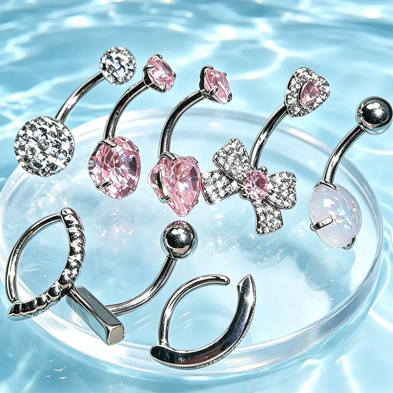 8PCS Pink Belly Rings Kit,Sexy Short Style Stainless Steel Belly Button Piercing,14G 1.6MM Belly Piercing Cute Navel Belly Piercing for Women