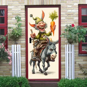 2pcs Cartoon Elf Riding Donkey Carrot Wall Sticker Kids Room Bedroom Decoration Cute Animal Creative Door Sticker Eco-friendly Removable Self-adhesive Wall Decal Living Room Entrance Wall Art Festival