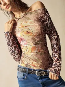 Women's Y2K Style Patchwork Pattern Mesh Top, Slim-Fitting Transparent Design, Perfect for Daily Layering & Streetwear