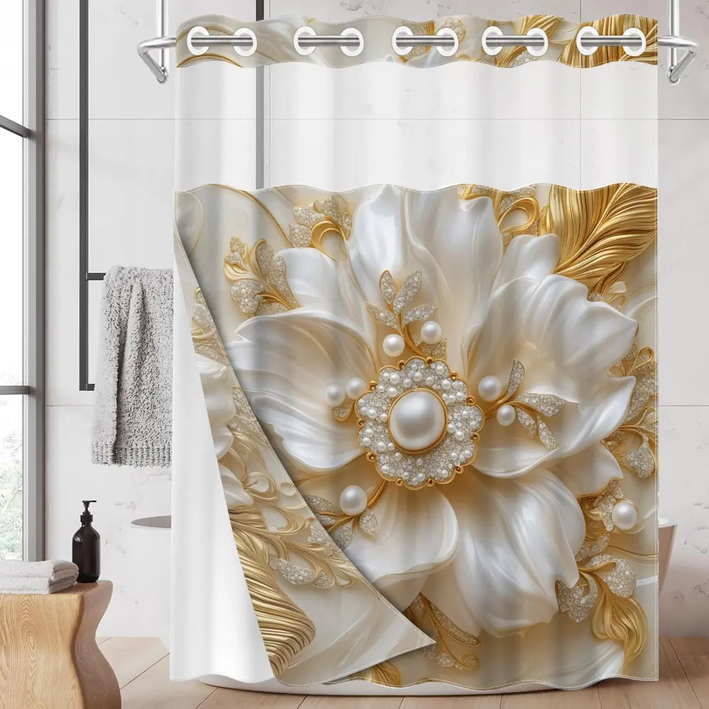 1PC/4PCS 2D Flat Printing White Gold Pearl Floral Patterned shower curtain, Printed Shower Curtain, home bathroom decor, shower curtain set with 12 hooks, U-shaped toilet seat cover, non-slip bathroom rug