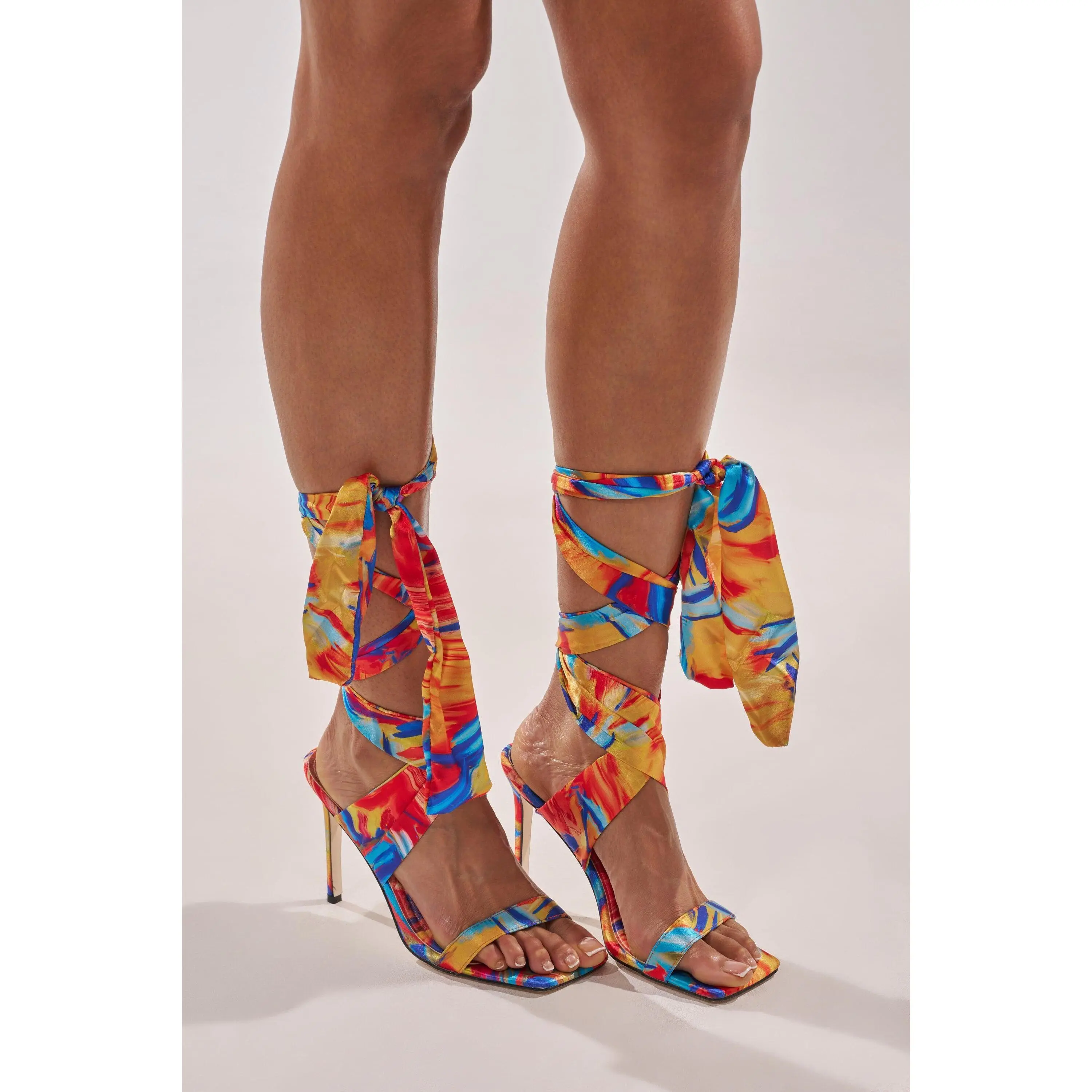 AZALEA WANG JOHA ORANGE MULTI PRINTED SATIN WRAP UP STILETTO