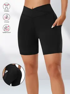 High Waist Crossed Waist Fitness Shorts, Solid Sports Shorts, Elastic Fabric, Plus Size, Comfortable Fashion Versatile Shorts for Women