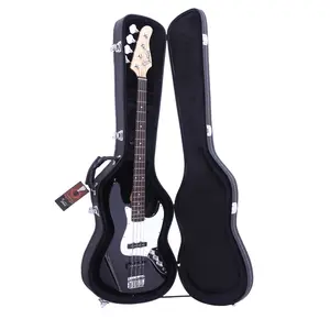 High Grade Electric Bass Microgroove Hard Case with Lockable Latches & Accessory Compartment Black Premium Wood Leather Plush