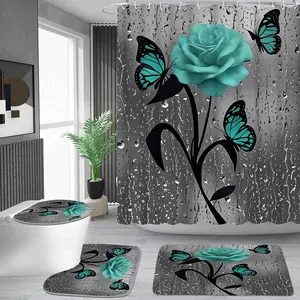 1/4 piece gray background green rose butterfly pattern shower curtain set, waterproof shower curtain with 12 hooks, non-slip bathroom carpet, toilet U-shaped cushion, toilet seat cover cushion, bathroom shower curtain set, perfect moving gift.