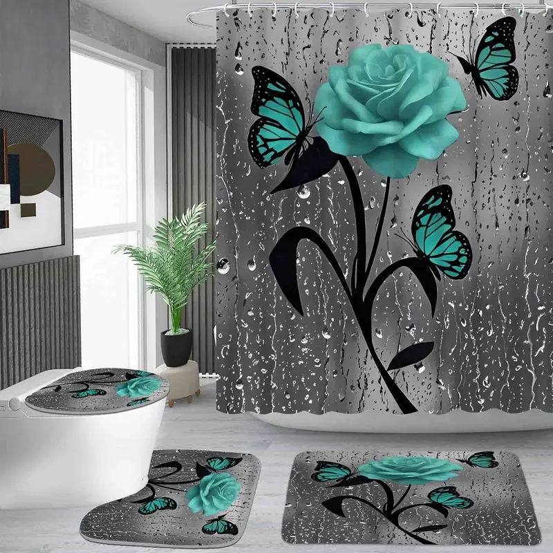 Polyester Straight Classic Gray Background Green Rose Butterfly Pattern Shower Curtain Set with 12 Hooks, Waterproof, All Seasons Bathroom Bundle, Non-Slip Carpet, U-Shape Toilet Mat, Toilet Seat Cover - Home Decor, Ideal Moving Gift