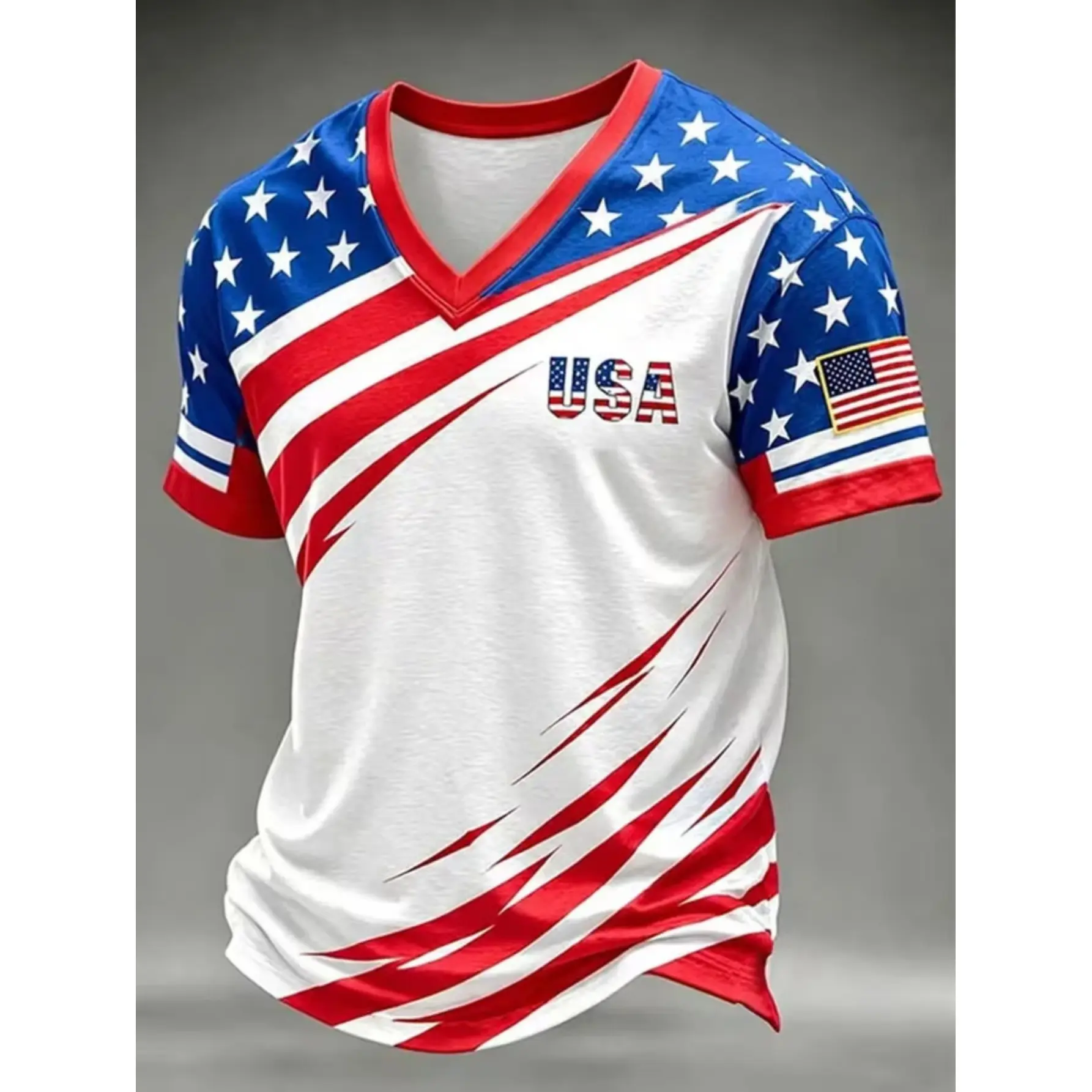 [XXS-7XL] Mesh Fabric Men's Patriotic American Flag Print V-Neck T-Shirt, Casual and Cool for Home Wear