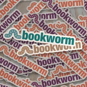 "Bookworm" Waterproof Vinyl Sticker - Cute Cartoon Worm Design in Teal, Tan, Peach & Purple - Perfect for Book Lovers and Stickers Enthusiasts
