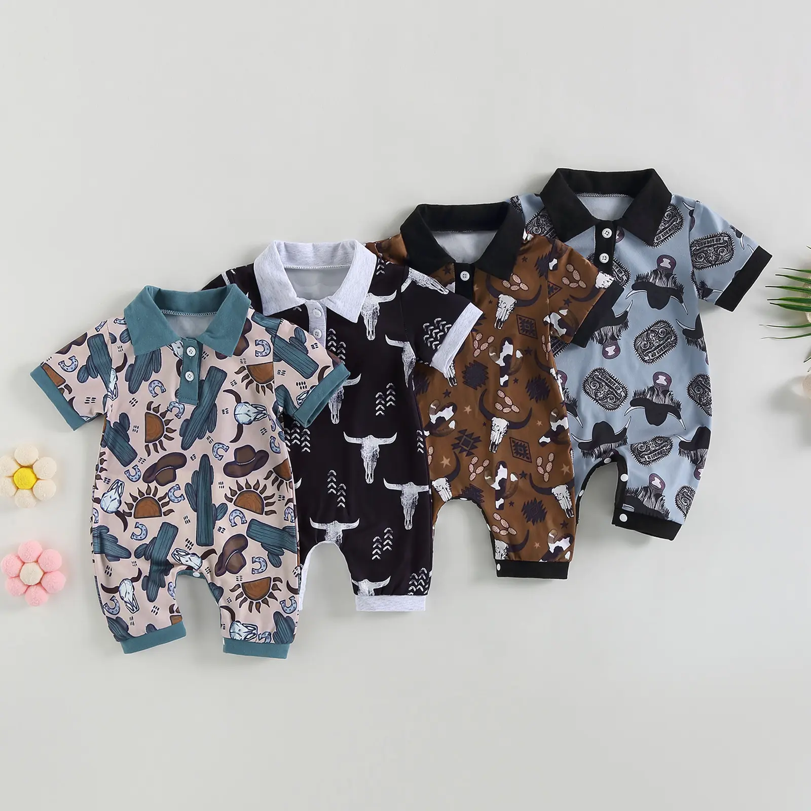 Cute Western Baby Boy Summer Clothes Highland Cow Print Polo Romper Shorts Jumpsuit  Outfits Cowboy