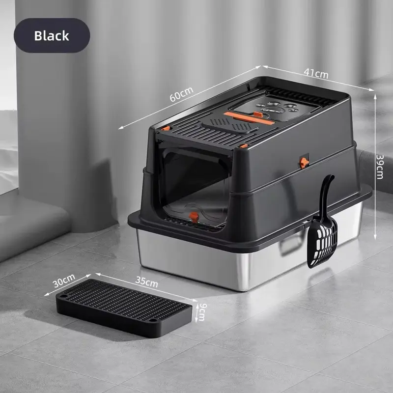 Title: PAWFECT Extra Large Fully Enclosed Stainless Steel Cat Litter Box with Scoop | Black  Keep litter where it belongs with the PAWFECT Extra Large Fully Enclosed Stainless Steel Cat Litter Box. Designed for large cats and multi-cat households, this