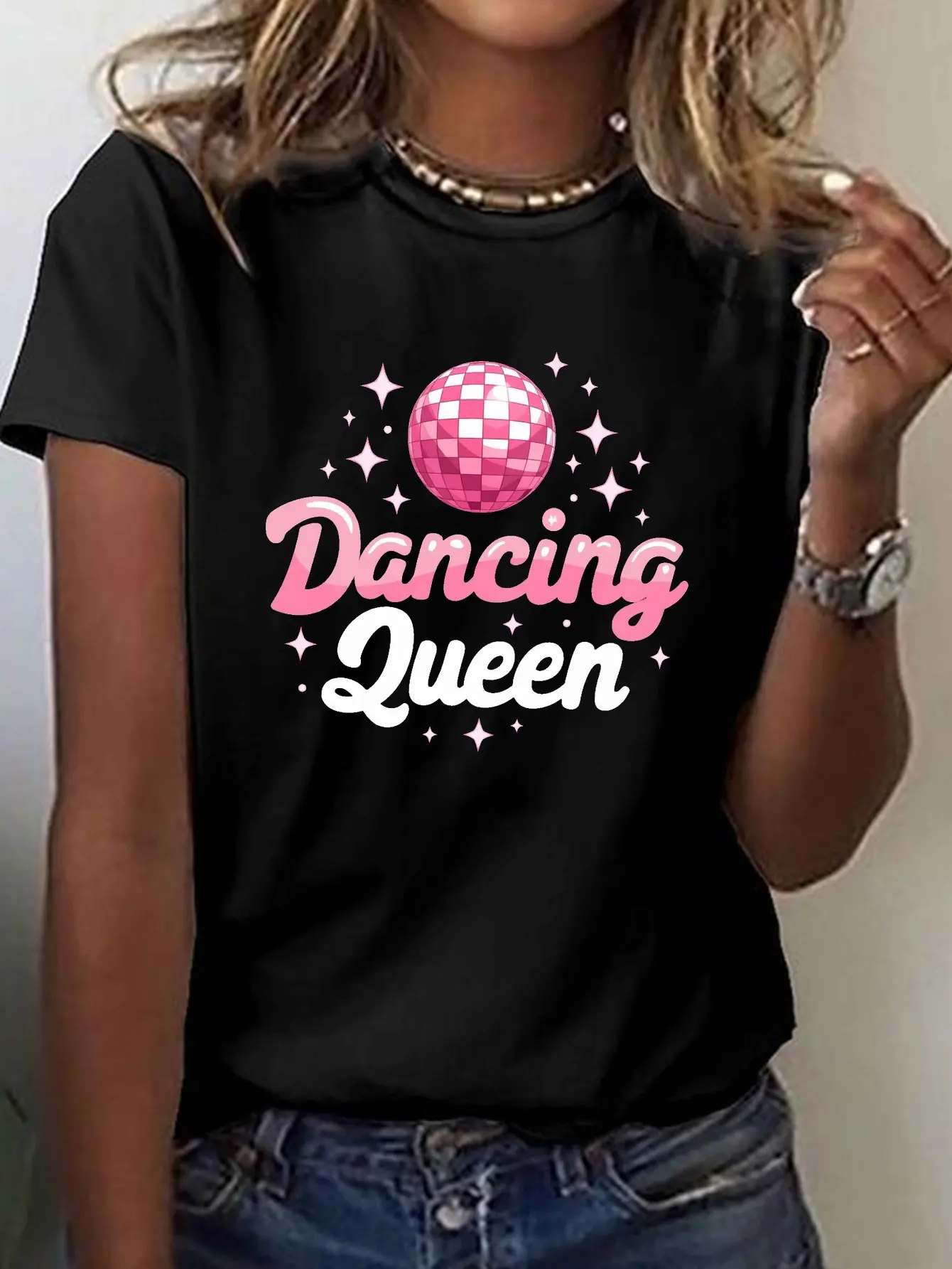 Dancing Queen with Disco Ball Print T-shirt, Short unisex soft cotton short sleeve t shirt, vintage graphic casual tee for men women teens, perfect birthday holiday gift for camping travel gym daily street casual wear