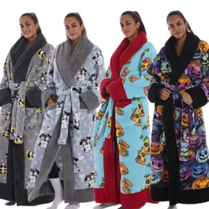 Cute Pizza Printed Plush Bathrobe Oversized Loungewear with Pocket & Belt, Soft Comfortable Wearable Blanket for Home & Outside, Unisex Gift Available in 9 Colors