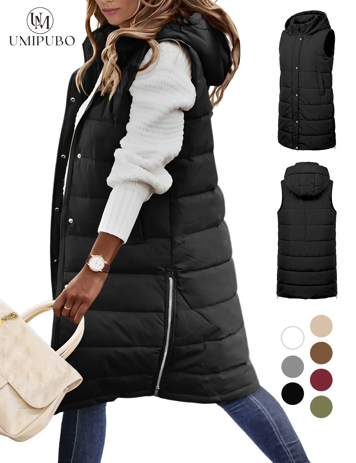 UMIPUBO Lady's Winter Hooded Puffer Vest - Women's Casual Tops, Sleeveless Zipper-Up Thick Quilted Warm Clothes with Pockets