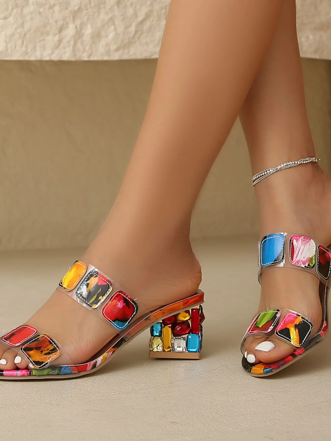 Summer New European Style Floral Fashion Women's Plus Size Open-Toe Thick Heel Rhinestone Sparkly Fashionable Sandals, Trendy High-Heeled Slippers Footwear