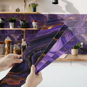 12/24PCS CFT Crystal Irregular Marble Tile Stickers - Purple Amethyst Fluid Art, PVC & PE Foam, Waterproof Oil-Proof Peel & Stick Wall Floor Decor