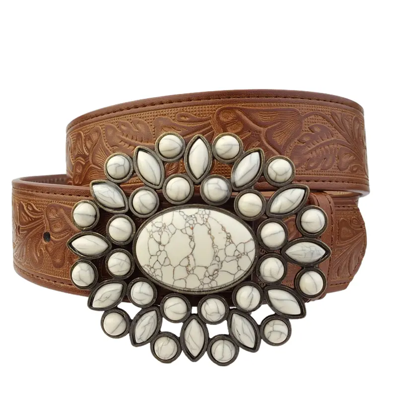 Western Oval Floral Buckle with Hand Painted Rose Belt Hand Painted Rose Belt Buckle main image 4