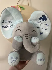 Personalized Stuffed Elephant Singing with Volume Control Pink & Blue Custom Name Jared Gabriel Features Ears Movement and Quote Date