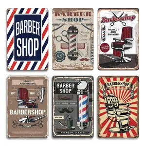 6 Piece Set Vintage Barber Style Tin Signs - Neon Lights, Barber Chairs Pattern Poster Wall Art Decorative Signs & Plaques For Hair Salon, Barber Shop Decoration Vintage Metal Sign