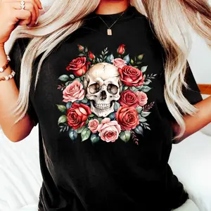 Floral Skull Shirt Gothic Flower Graphic Tee Boho Grunge Shirt Halloween Skull With Roses Top Aesthetic Western Tattoo Style Shirt