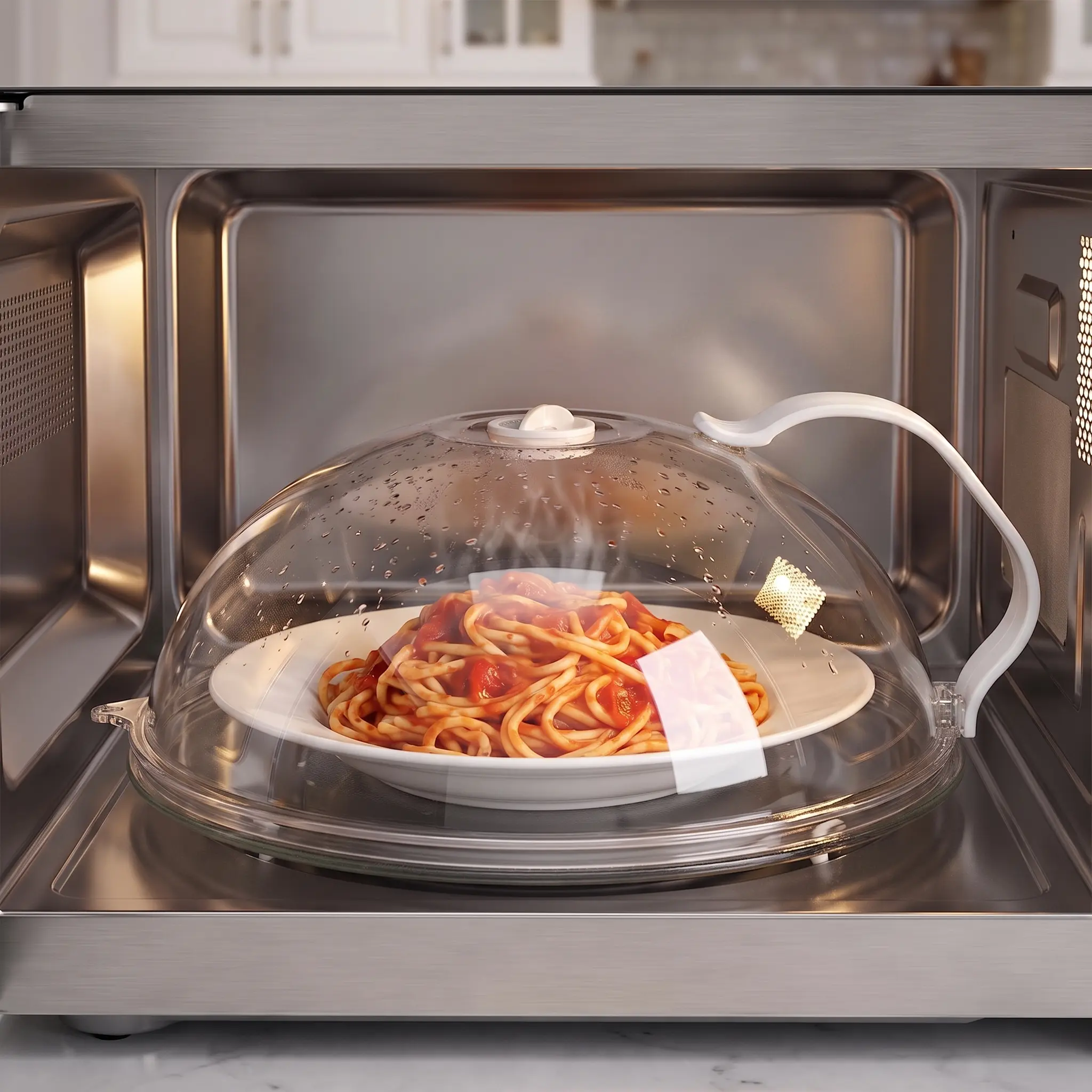 【Summer Sale Deals】Transparent Microwave Splatter Cover with Steam Vent & Handle, 31cm Dustproof Clear Food Plate Cover for Kitchen Heating