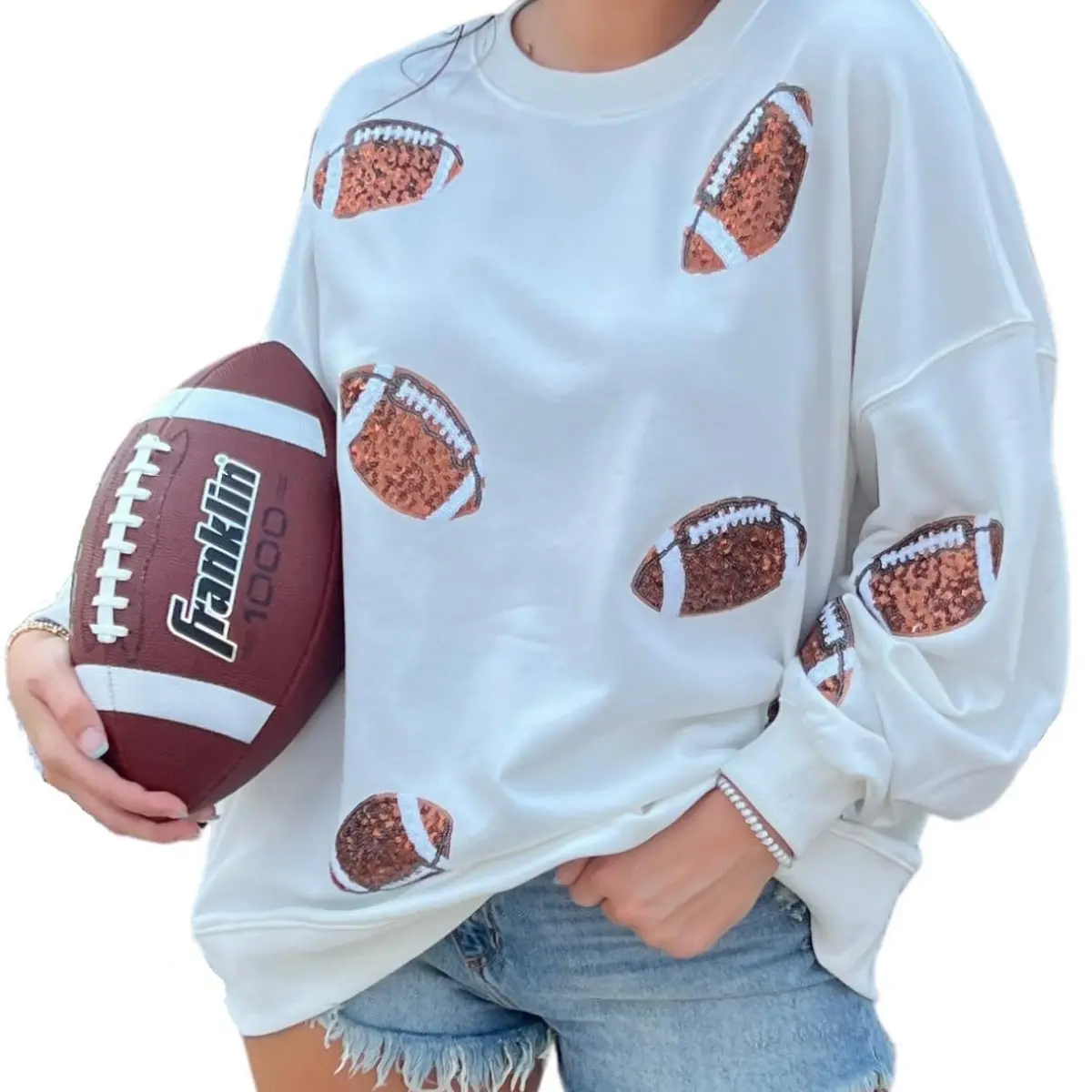 Womens Sparkle Football Sequin Rugby Tee Game Day Pullover T-Shirt Crewneck Oversized Short Sleeve Washed Tops