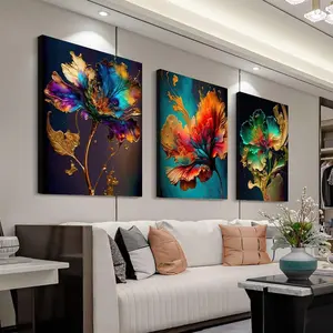 Rustic Wooden Framed Canvas Wall Art, 3-Piece Set - Waterproof, Colorful Abstract Vintage Flower Prints for Home & Office Decor, Spring & Summer Season