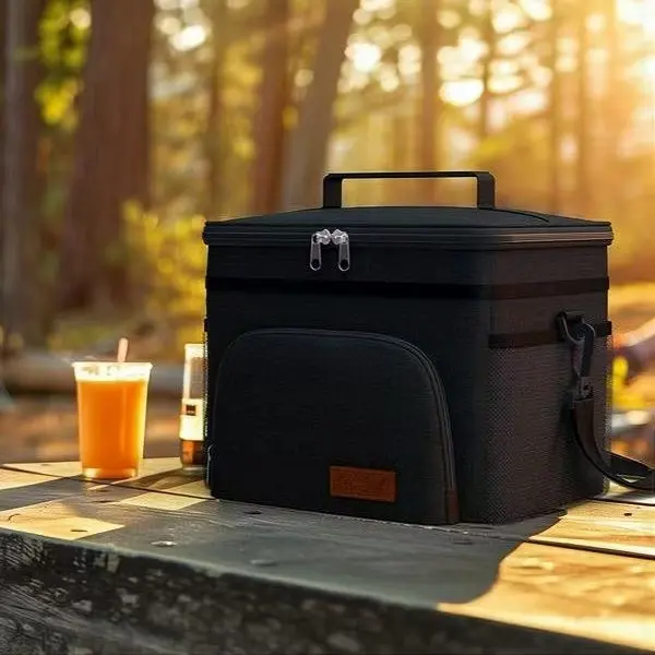 Black Lunch Bag with Brown Leather Label, Insulated Leakproof Lunch Tote for Work and School, Reusable Thermal Lunch Box with Large Capacity for Food, Snacks and Drinks, Portable lunch insulated bag for Office, Picnic and Travel