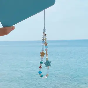 1 piece of handmade ocean inspired bead phone lanyard, adorned with starfish and star decorations, DIY camera pendant, anti loss phone case wristband, Phone strap, headphone cover, women's bag accessories, Phone charms