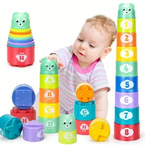 9pcs Baby Educational Stacking Cups Set, Children's Educational Cognition Large Particle Building Blocks, Blocks Tower Game, Digital Letter Pattern Stacking Cups (Random Colors)