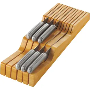 In-Drawer Knife Block - Bamboo Knife Drawer Organizer for Kitchen - Fits 5 Long + 6 Short Knives - Store Knives with Blades Pointing Down - Wooden Steak knife Holder without Knives - Chef Gift Idea