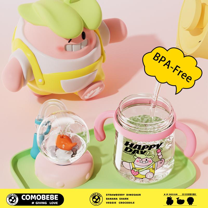 【COMOBEBE】10oz Spill-Proof Tritan Rocket Ship & Whale Fountain Sippy Cup – BPA-Free, Soft Straw, Fun Spray Design, Dishwasher Safe, Perfect for Kids